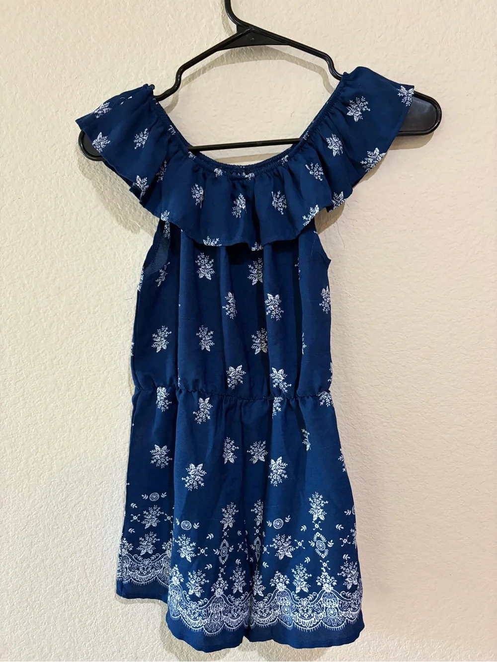 Heart & Arrow Girls Size 12 Navy Blue Floral Romper Ruffle Off Shoulder Boho
